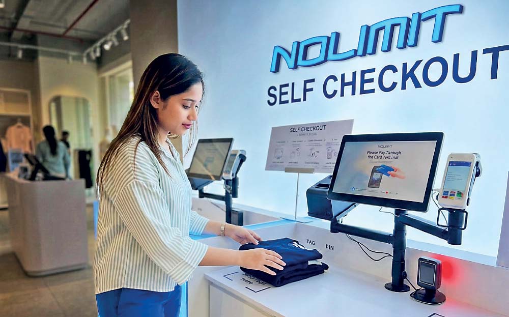 RFID self-checkout installation at NOLIMIT, pictured in coverage of its collaboration with Cenmetrix.